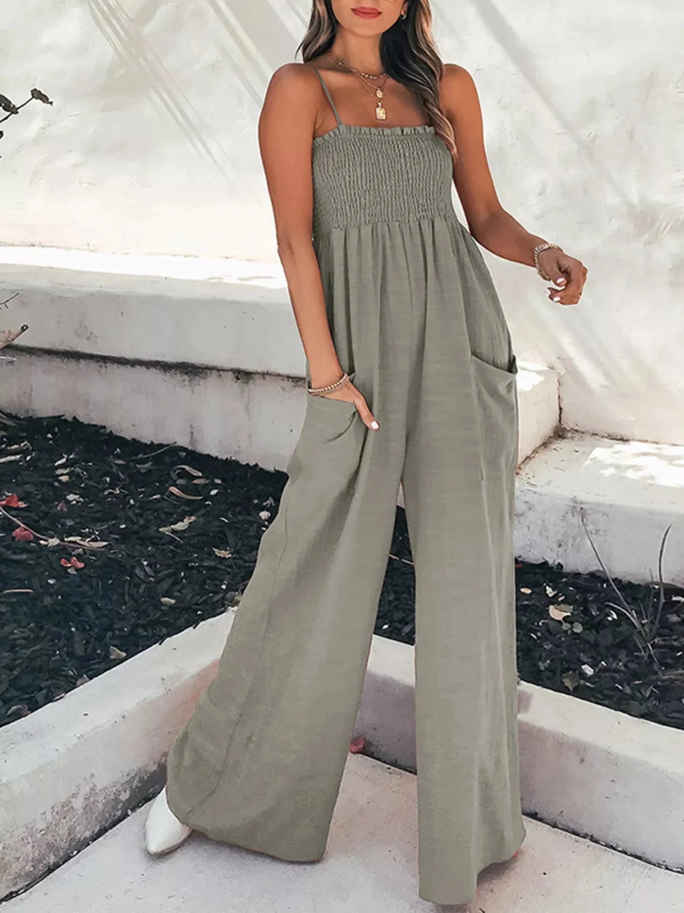 Fashionable Smocked Tube Wide Leg Jumpsuit