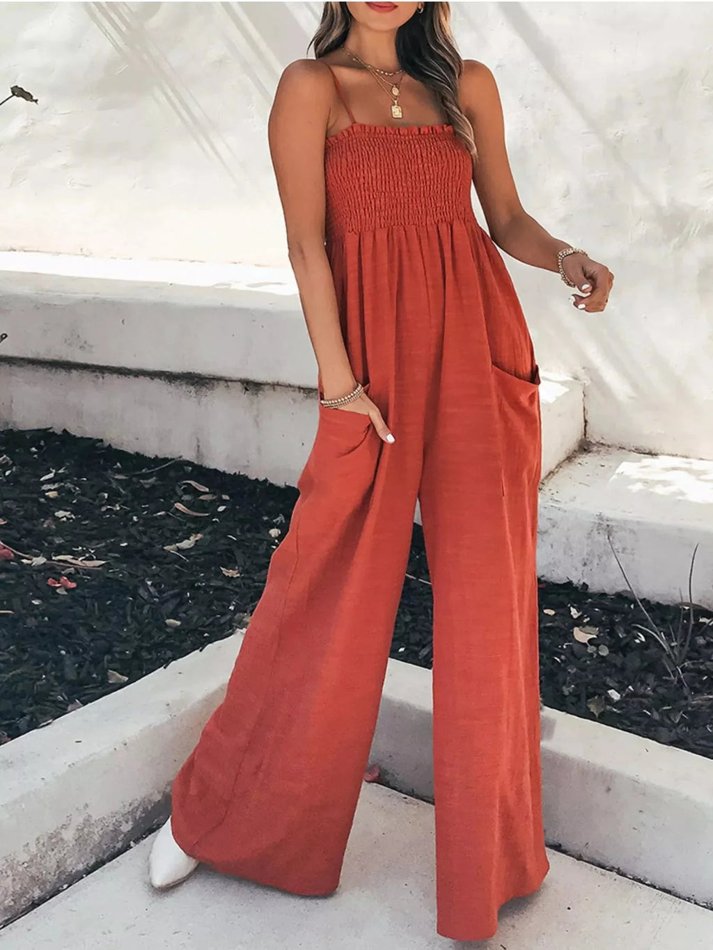 Fashionable Smocked Tube Wide Leg Jumpsuit