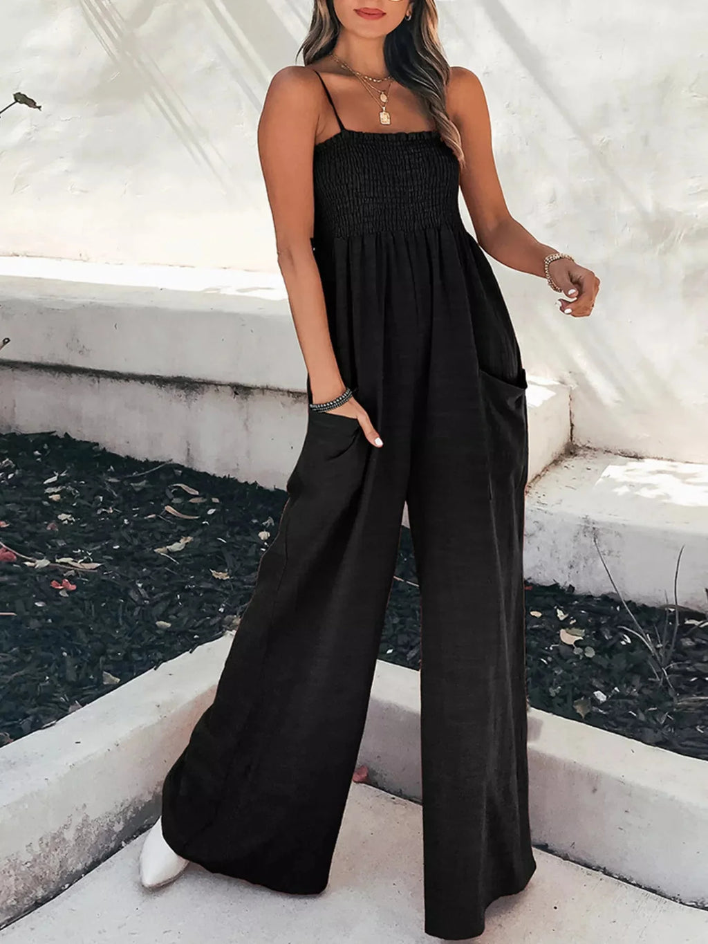 Fashionable Smocked Tube Wide Leg Jumpsuit