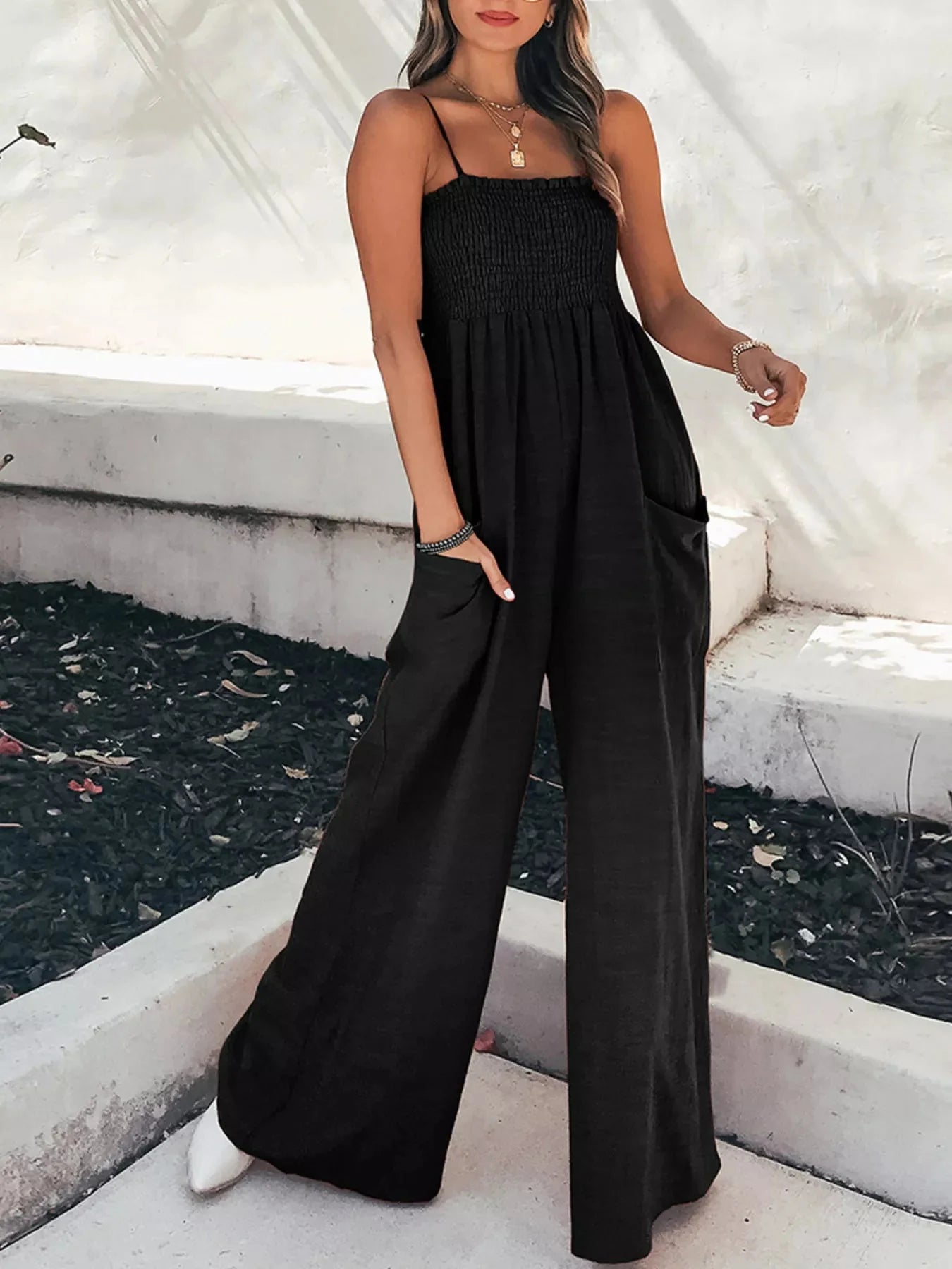 Fashionable Smocked Tube Wide Leg Jumpsuit