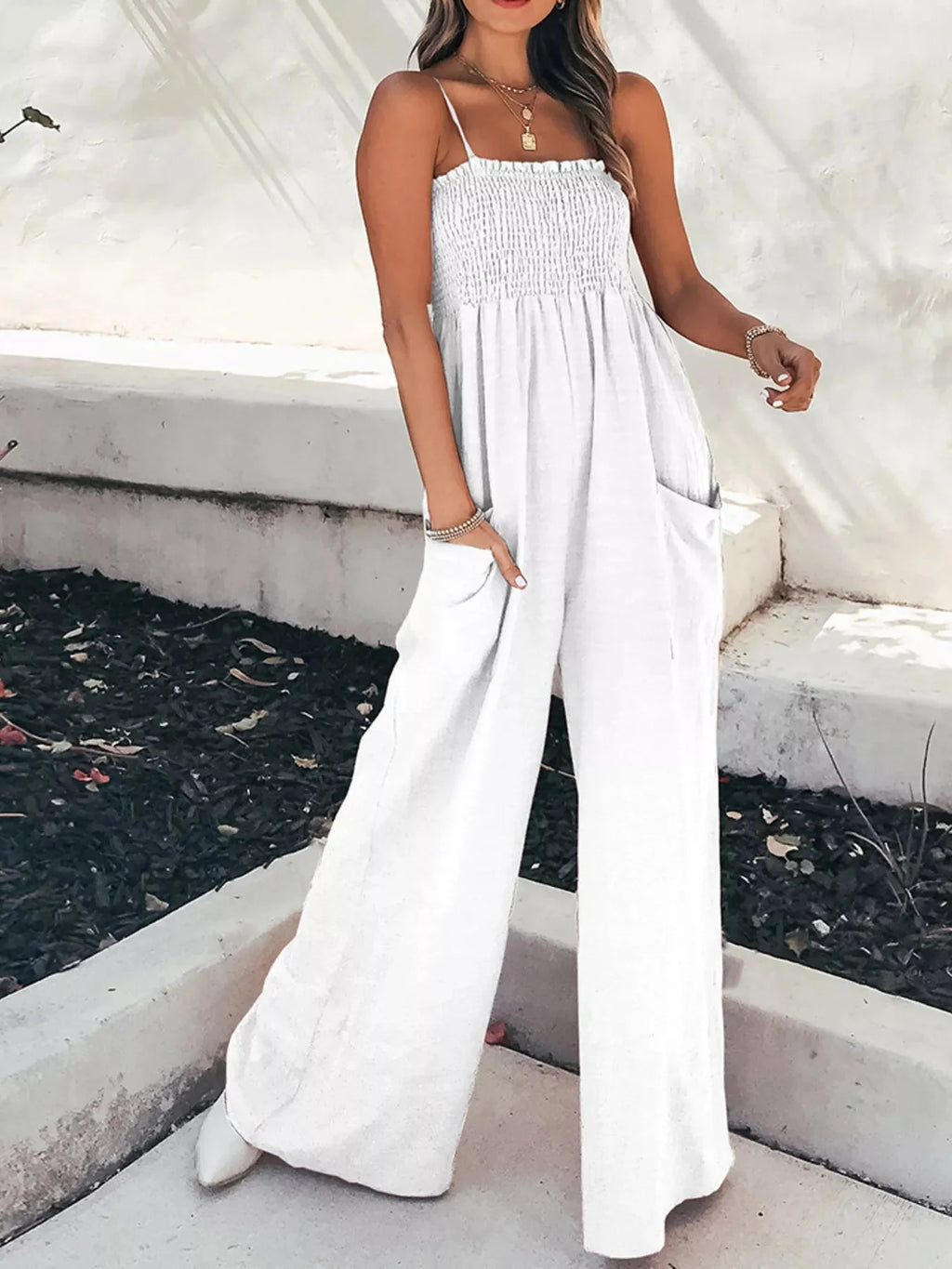 Fashionable Smocked Tube Wide Leg Jumpsuit