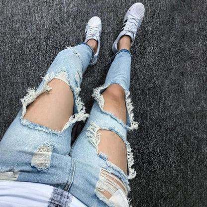 Summer Big Ripped Oversized Jeans Men's Cropped Jeans Men's Trendy K-style Beggar Scrape Cropped Ripped Pants