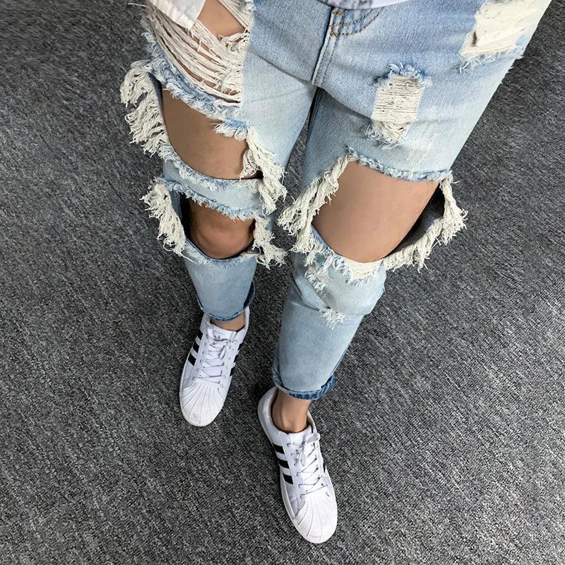 Summer Big Ripped Oversized Jeans Men's Cropped Jeans Men's Trendy K-style Beggar Scrape Cropped Ripped Pants