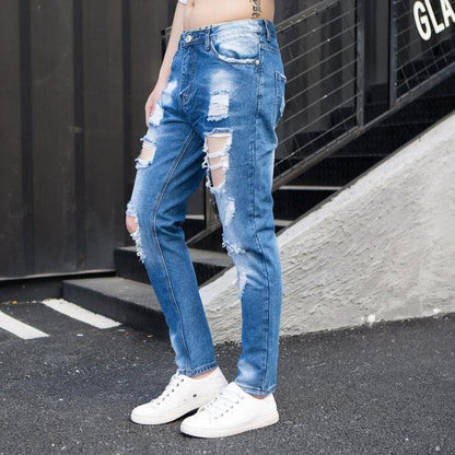 Summer Big Ripped Oversized Jeans Men's Cropped Jeans Men's Trendy K-style Beggar Scrape Cropped Ripped Pants
