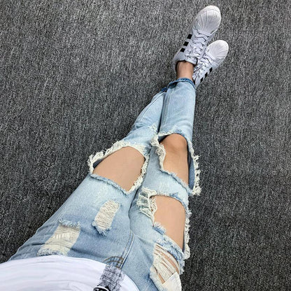 Summer Big Ripped Oversized Jeans Men's Cropped Jeans Men's Trendy K-style Beggar Scrape Cropped Ripped Pants