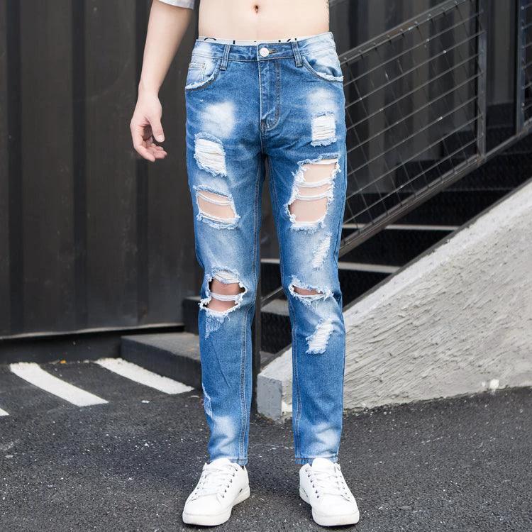 Summer Big Ripped Oversized Jeans Men's Cropped Jeans Men's Trendy K-style Beggar Scrape Cropped Ripped Pants