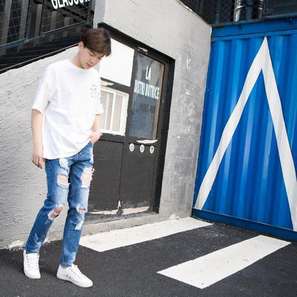 Summer Big Ripped Oversized Jeans Men's Cropped Jeans Men's Trendy K-style Beggar Scrape Cropped Ripped Pants