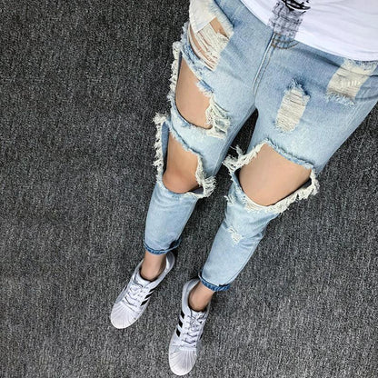 Summer Big Ripped Oversized Jeans Men's Cropped Jeans Men's Trendy K-style Beggar Scrape Cropped Ripped Pants
