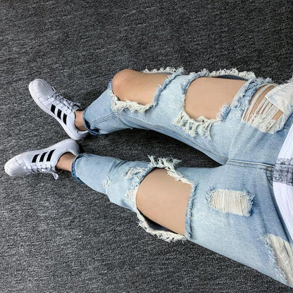 Summer Big Ripped Oversized Jeans Men's Cropped Jeans Men's Trendy K-style Beggar Scrape Cropped Ripped Pants