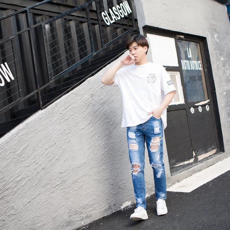 Summer Big Ripped Oversized Jeans Men's Cropped Jeans Men's Trendy K-style Beggar Scrape Cropped Ripped Pants