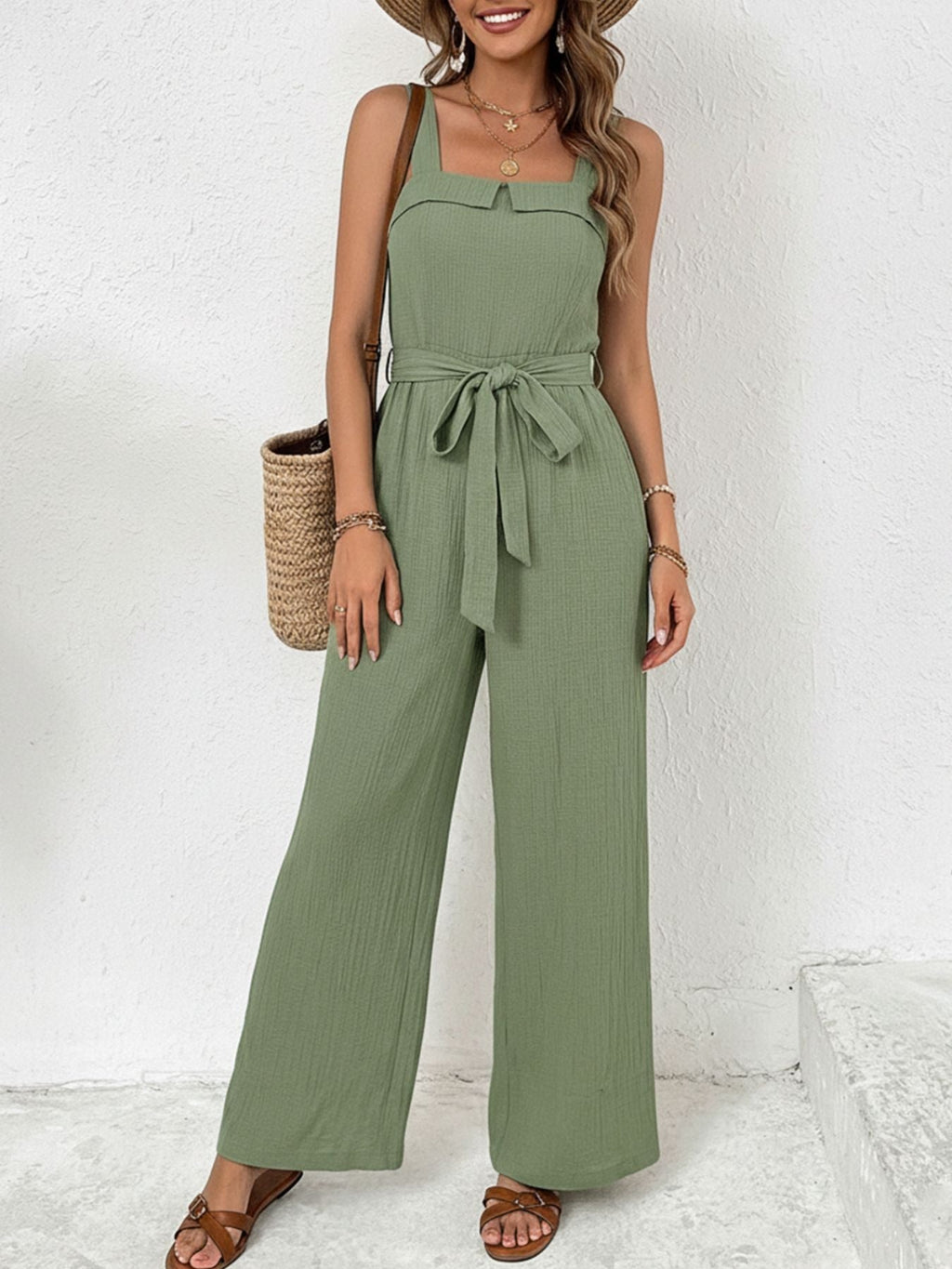 Trendy Tie Waist Wide Leg Jumpsuit
