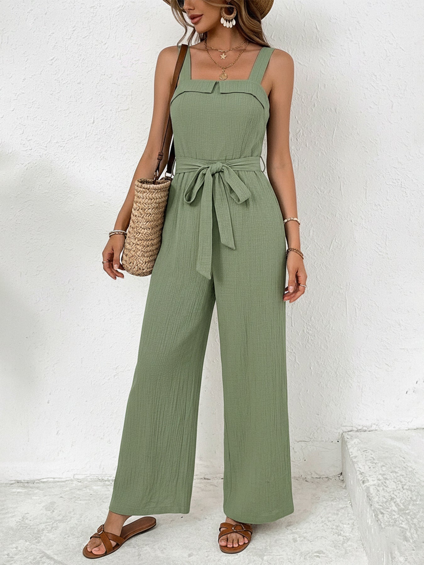 Trendy Tie Waist Wide Leg Jumpsuit