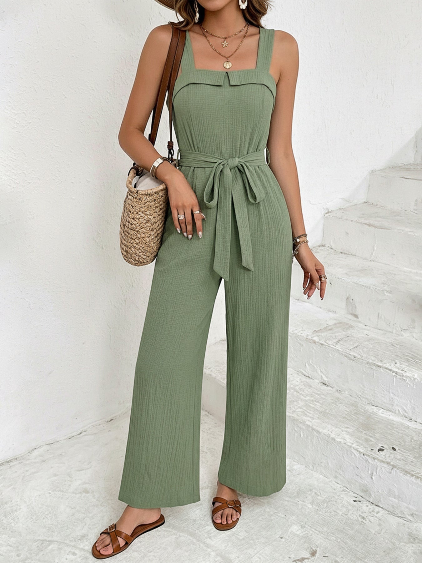 Trendy Tie Waist Wide Leg Jumpsuit
