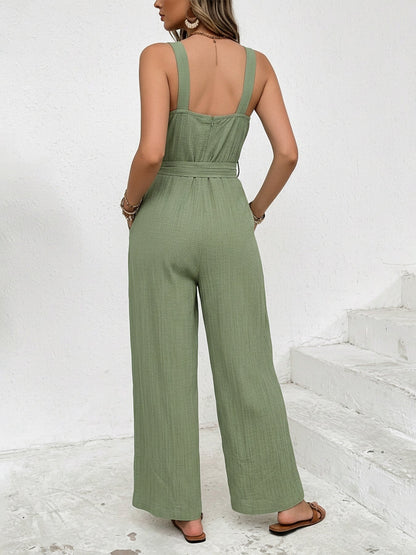 Trendy Tie Waist Wide Leg Jumpsuit