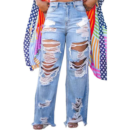 Burnt Flower High Waist Jeans - Trendy Women's Casual Denim Trousers for Spring/Summer