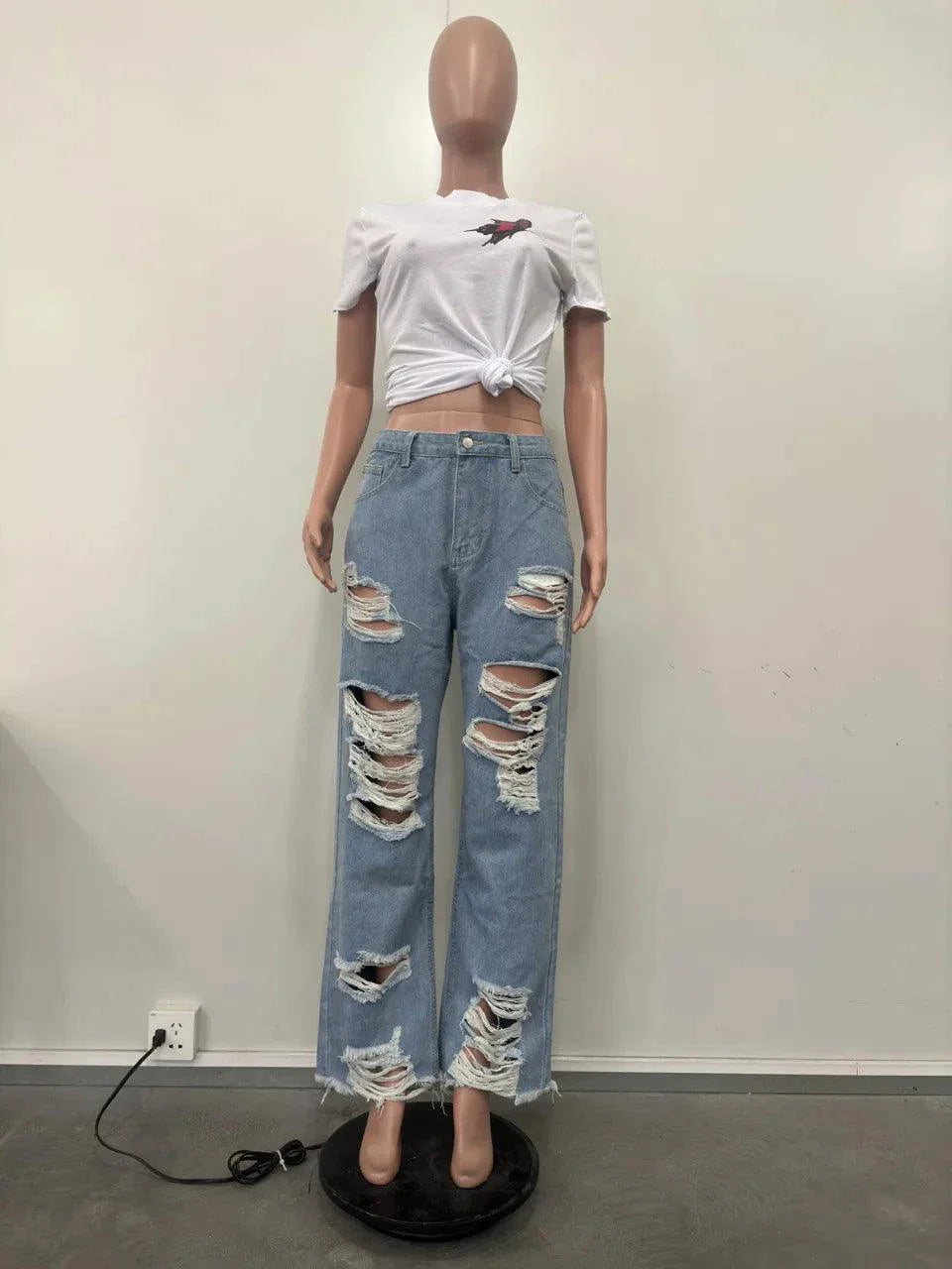Burnt Flower High Waist Jeans - Trendy Women's Casual Denim Trousers for Spring/Summer