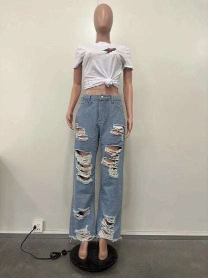 Burnt Flower High Waist Jeans - Trendy Women's Casual Denim Trousers for Spring/Summer