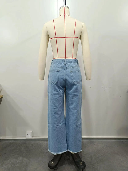 Burnt Flower High Waist Jeans - Trendy Women's Casual Denim Trousers for Spring/Summer