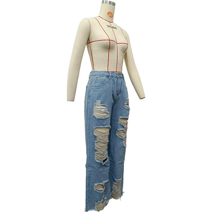Burnt Flower High Waist Jeans - Trendy Women's Casual Denim Trousers for Spring/Summer