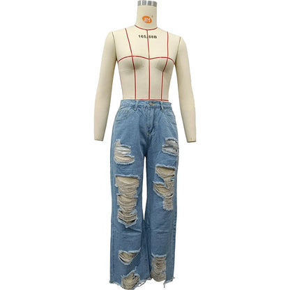 Burnt Flower High Waist Jeans - Trendy Women's Casual Denim Trousers for Spring/Summer