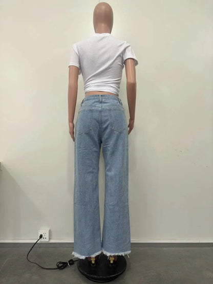 Burnt Flower High Waist Jeans - Trendy Women's Casual Denim Trousers for Spring/Summer