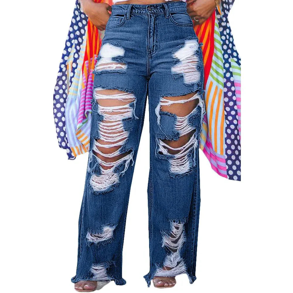 Burnt Flower High Waist Jeans - Trendy Women's Casual Denim Trousers for Spring/Summer