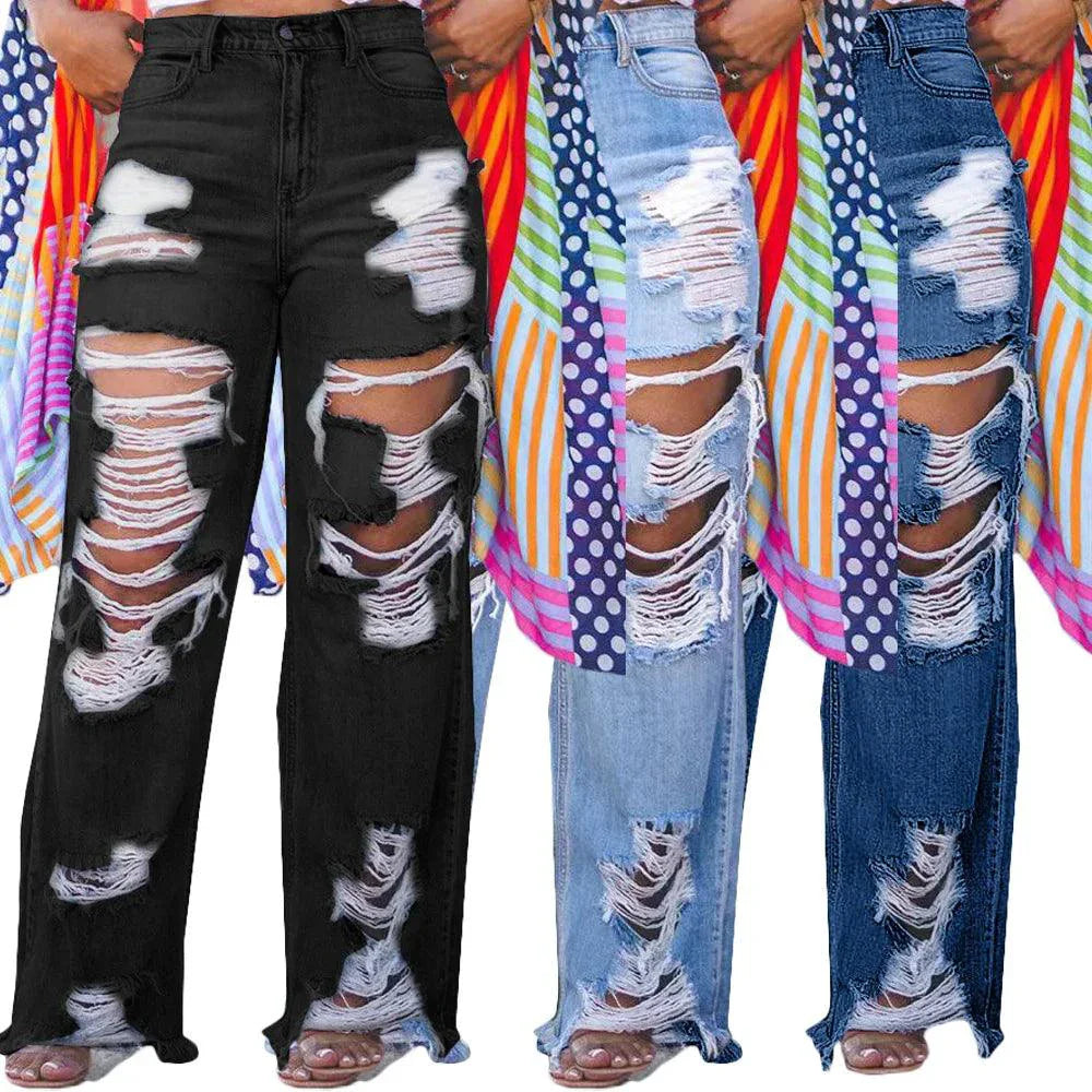 Burnt Flower High Waist Jeans - Trendy Women's Casual Denim Trousers for Spring/Summer