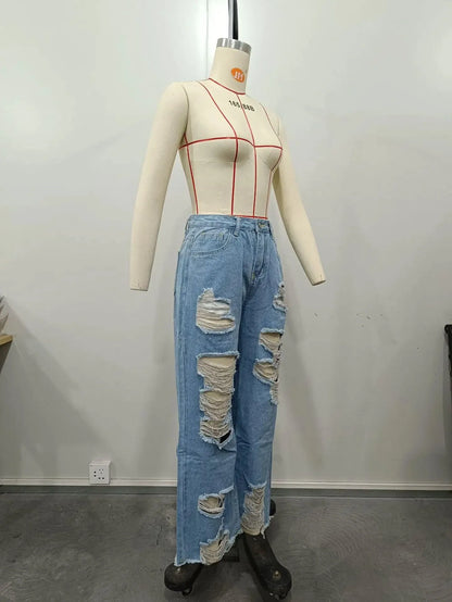Burnt Flower High Waist Jeans - Trendy Women's Casual Denim Trousers for Spring/Summer