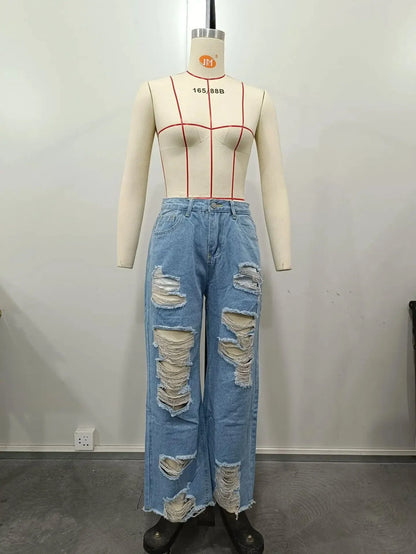 Burnt Flower High Waist Jeans - Trendy Women's Casual Denim Trousers for Spring/Summer