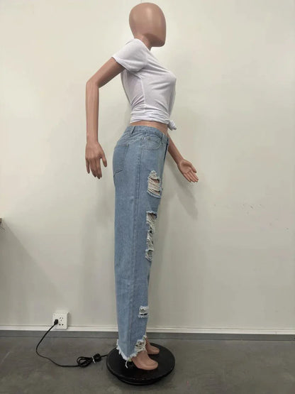 Burnt Flower High Waist Jeans - Trendy Women's Casual Denim Trousers for Spring/Summer