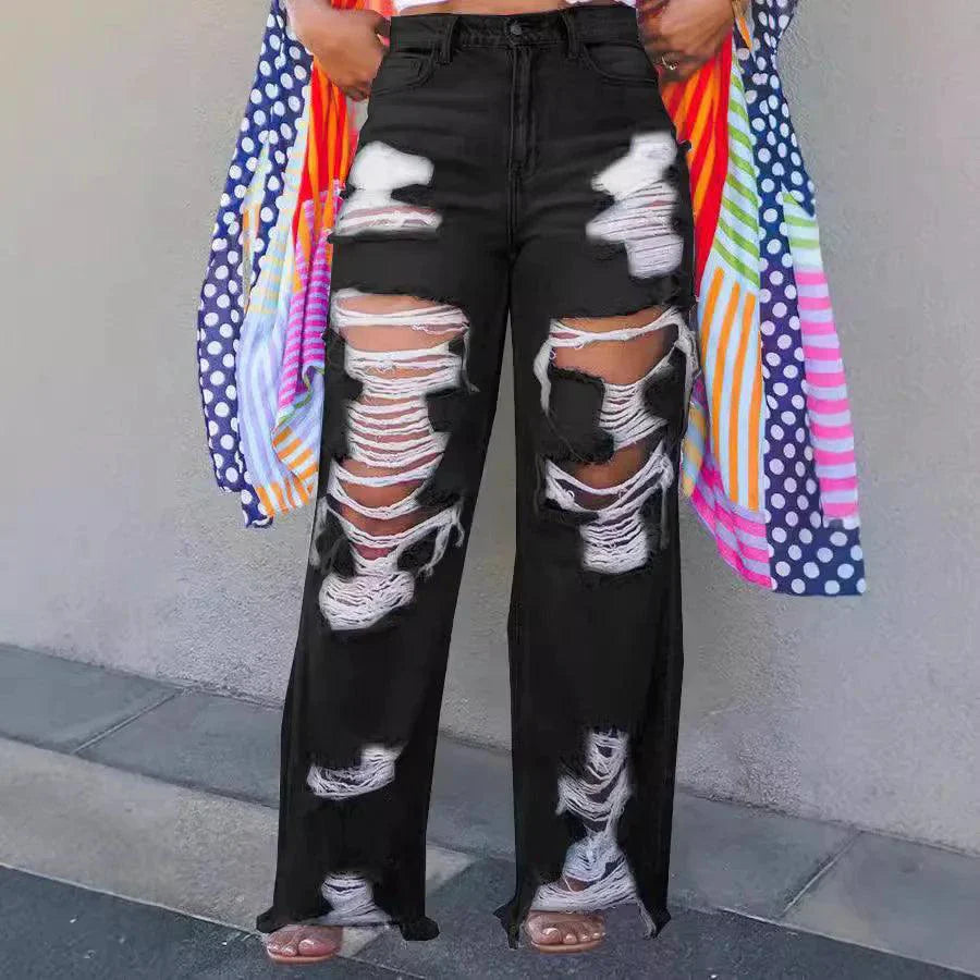 Burnt Flower High Waist Jeans - Trendy Women's Casual Denim Trousers for Spring/Summer