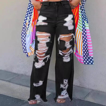 Burnt Flower High Waist Jeans - Trendy Women's Casual Denim Trousers for Spring/Summer