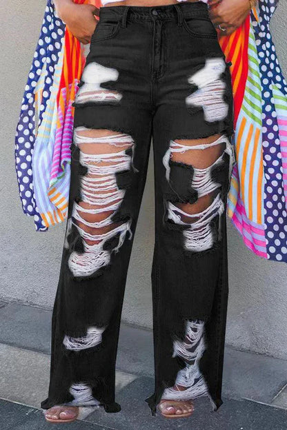 Burnt Flower High Waist Jeans - Trendy Women's Casual Denim Trousers for Spring/Summer