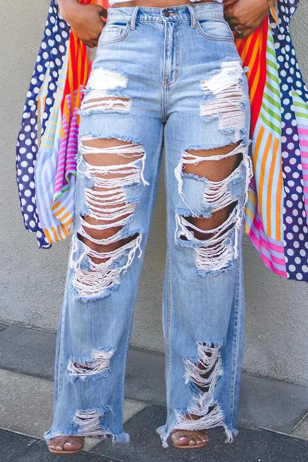Burnt Flower High Waist Jeans - Trendy Women's Casual Denim Trousers for Spring/Summer