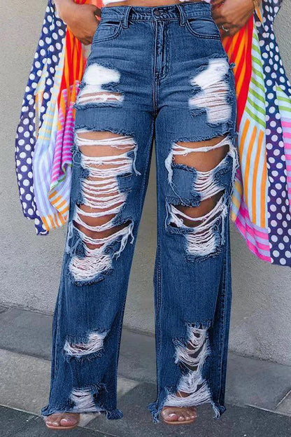 Burnt Flower High Waist Jeans - Trendy Women's Casual Denim Trousers for Spring/Summer